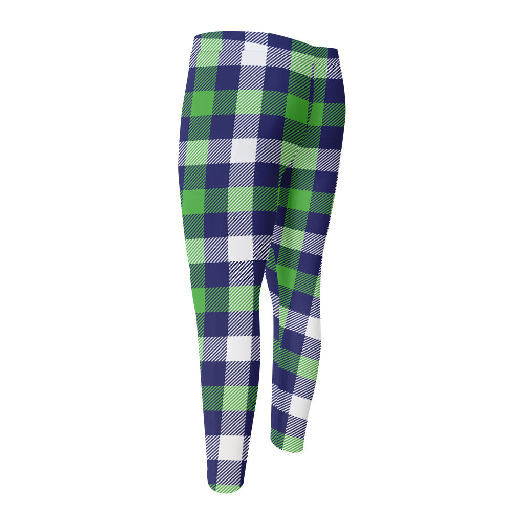 Green Blue And White Buffalo Plaid Print Men's Compression Pants