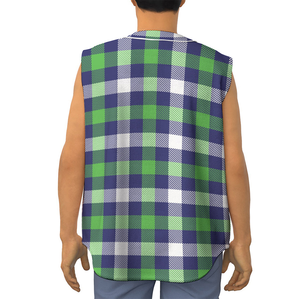 Green Blue And White Buffalo Plaid Print Sleeveless Baseball Jersey