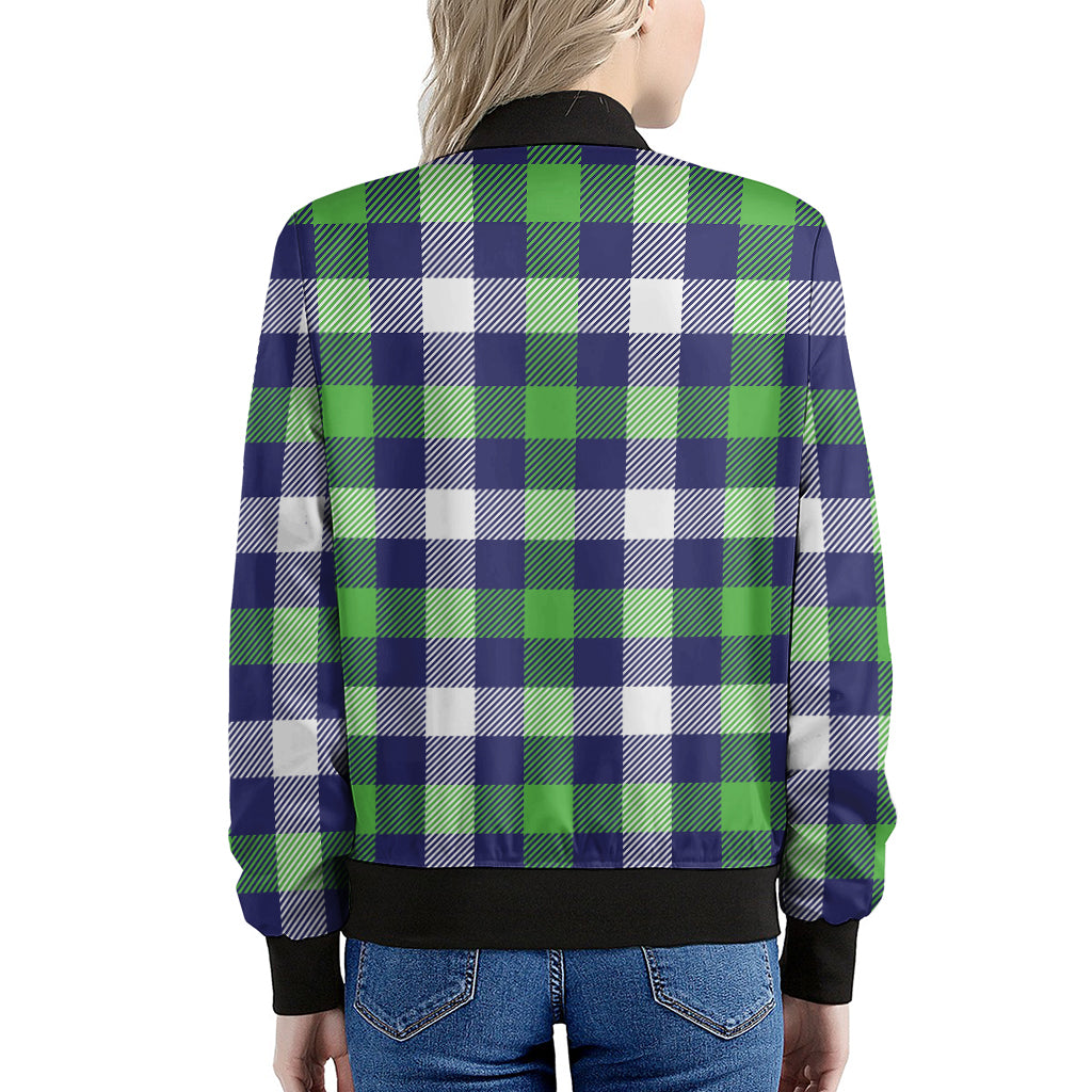 Green Blue And White Buffalo Plaid Print Women's Bomber Jacket