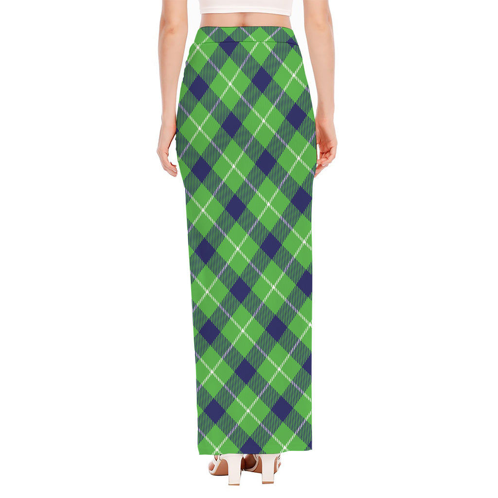Green Blue And White Plaid Pattern Print High Slit Maxi Skirt
