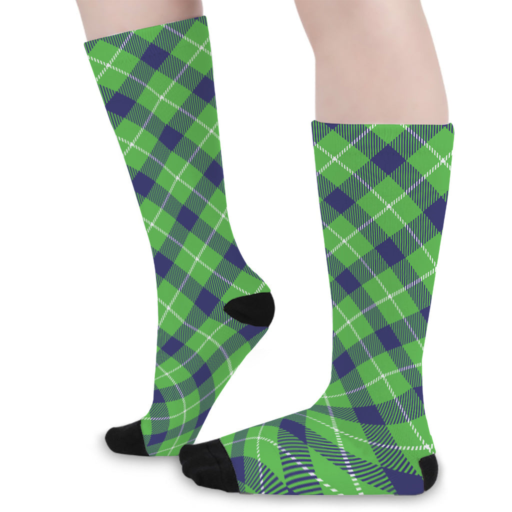 Green Blue And White Plaid Pattern Print Long Socks