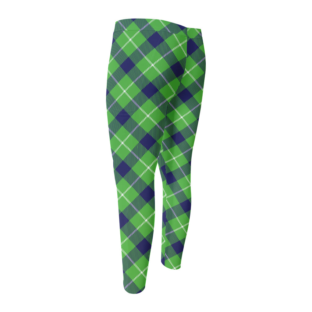 Green Blue And White Plaid Pattern Print Men's Compression Pants
