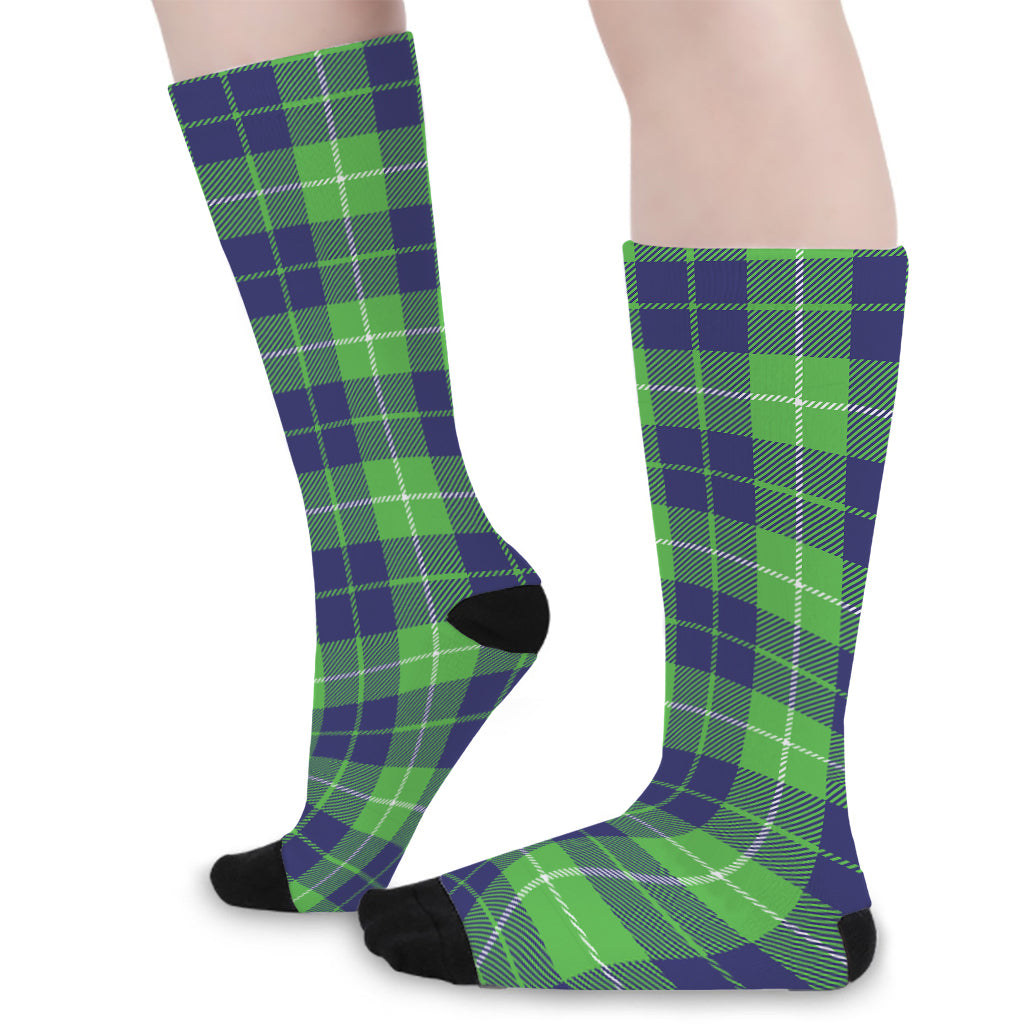 Green Blue And White Tartan Print Long Socks