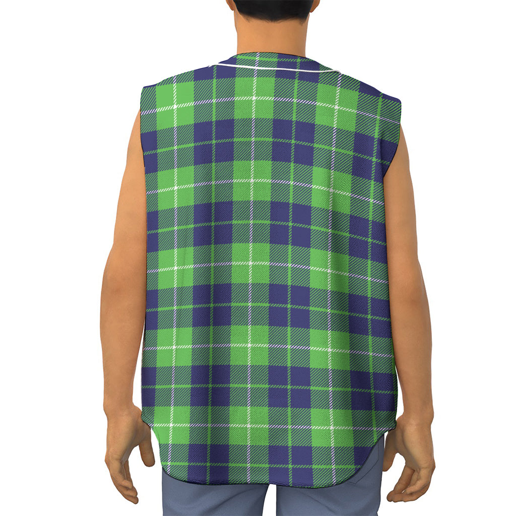 Green Blue And White Tartan Print Sleeveless Baseball Jersey