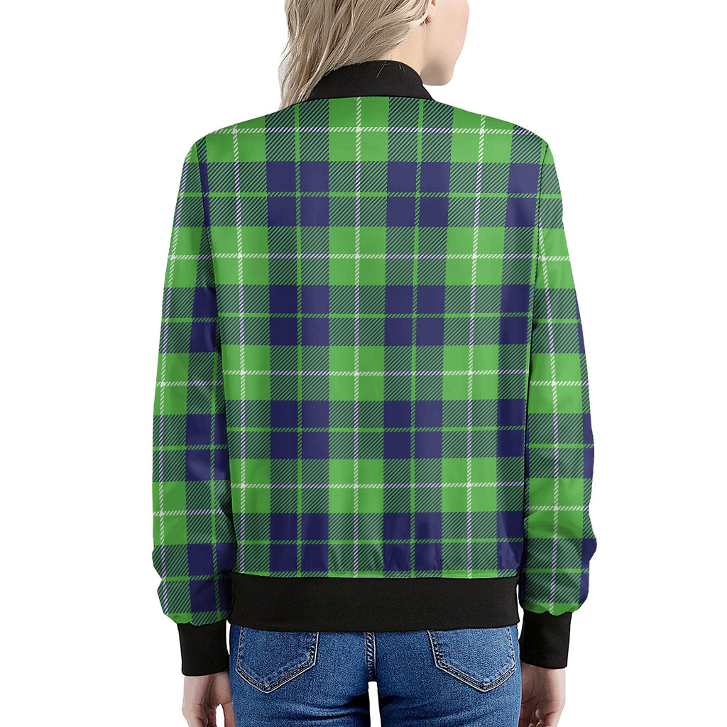 Green Blue And White Tartan Print Women's Bomber Jacket