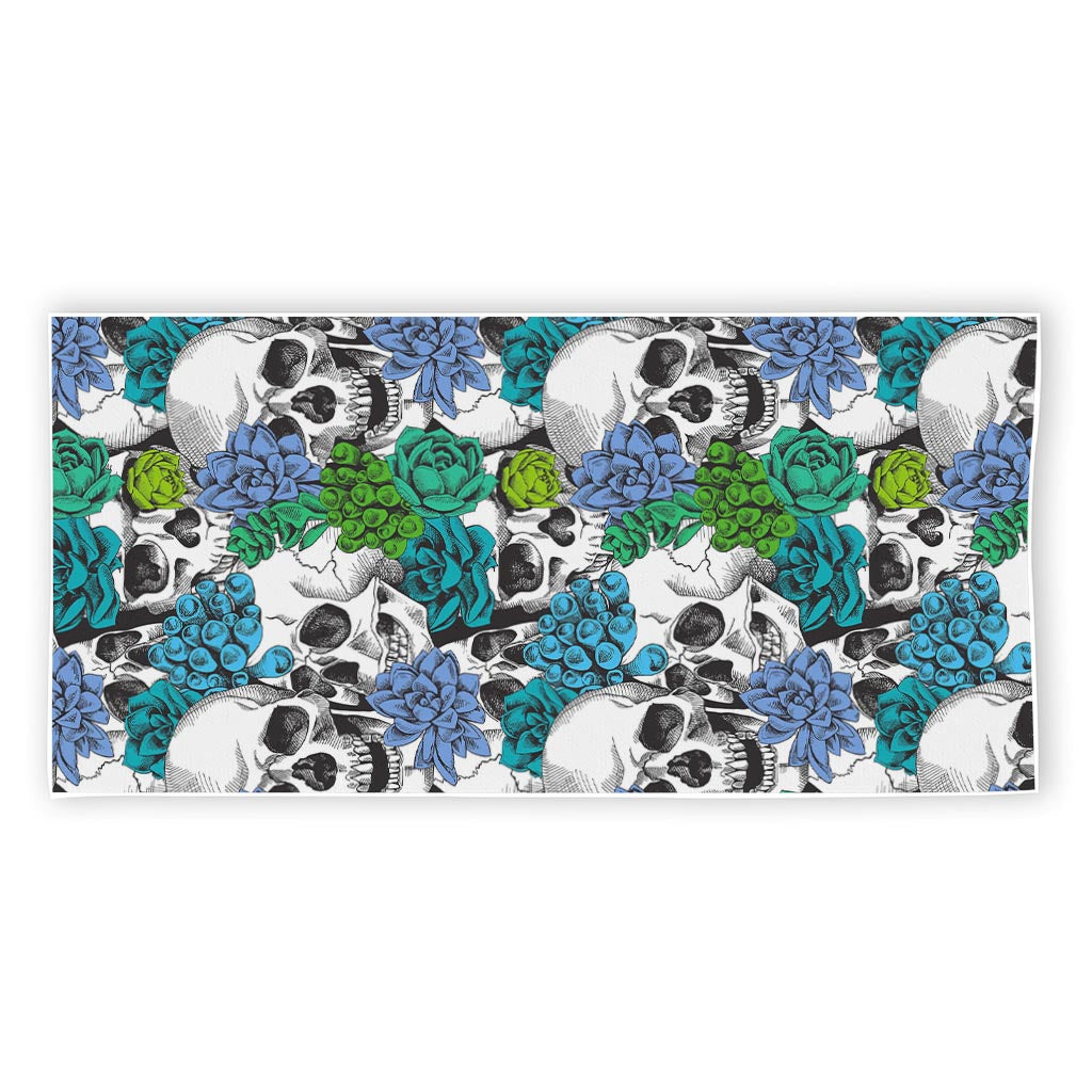 Green Blue Flowers Skull Pattern Print Beach Towel