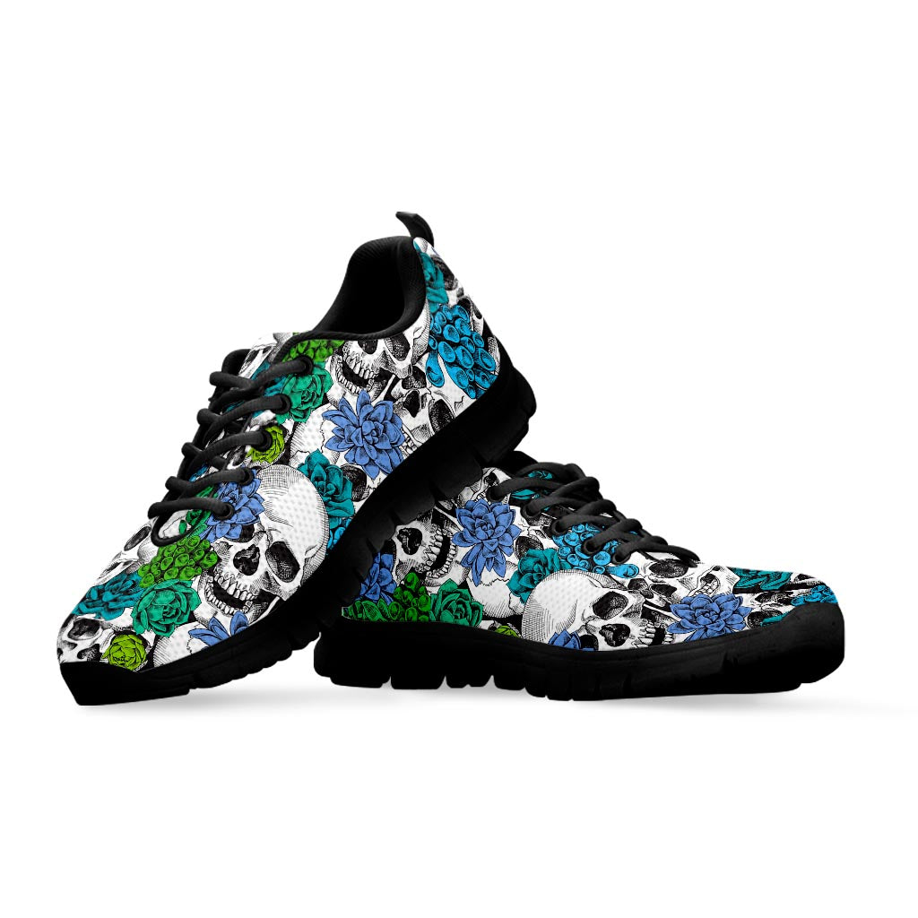 Green Blue Flowers Skull Pattern Print Black Running Shoes