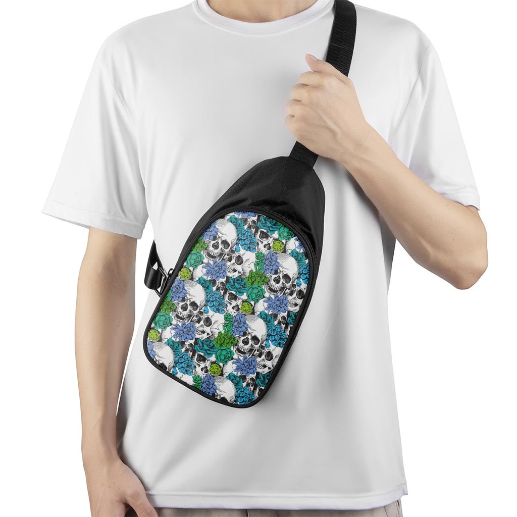 Green Blue Flowers Skull Pattern Print Chest Bag