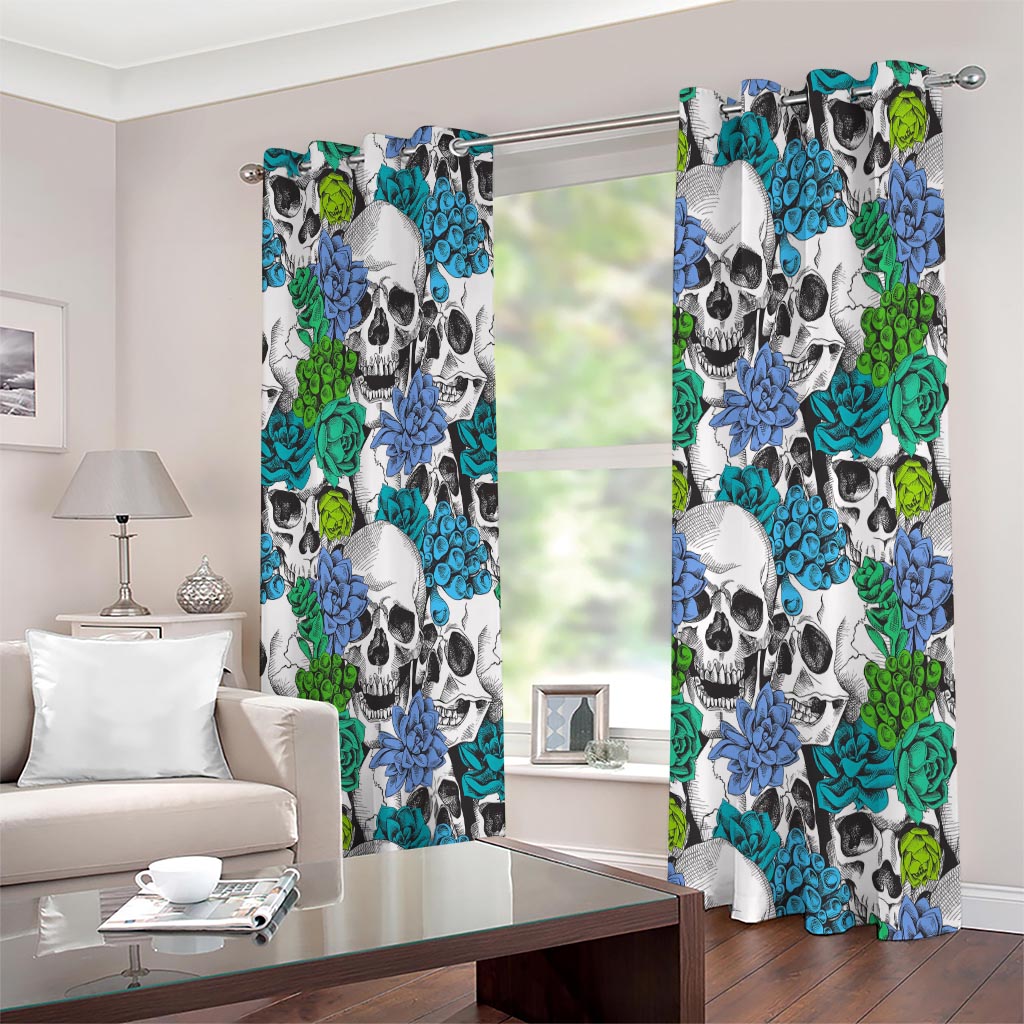 Green Blue Flowers Skull Pattern Print Extra Wide Grommet Curtains
