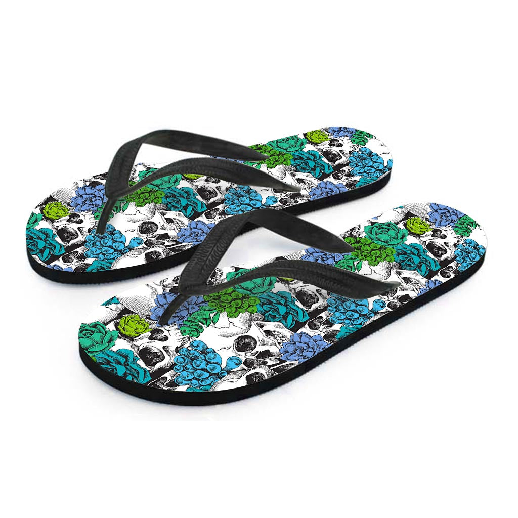 Green Blue Flowers Skull Pattern Print Flip Flops