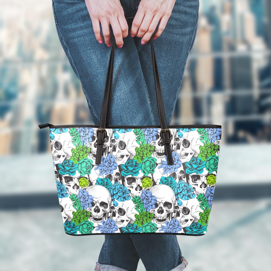 Green Blue Flowers Skull Pattern Print Leather Tote Bag