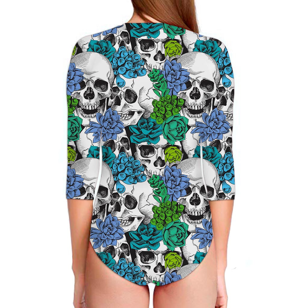 Green Blue Flowers Skull Pattern Print Long Sleeve Swimsuit