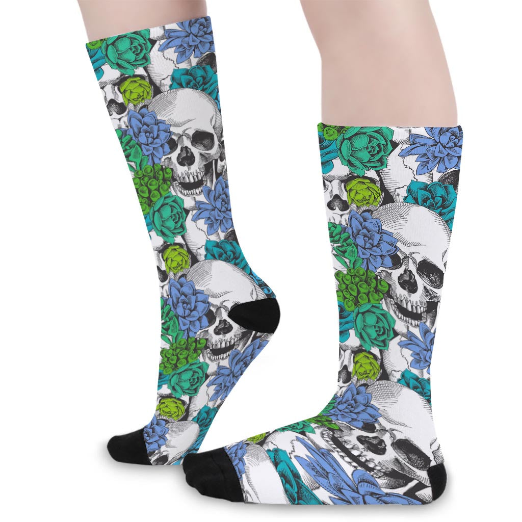 Green Blue Flowers Skull Pattern Print Long Socks