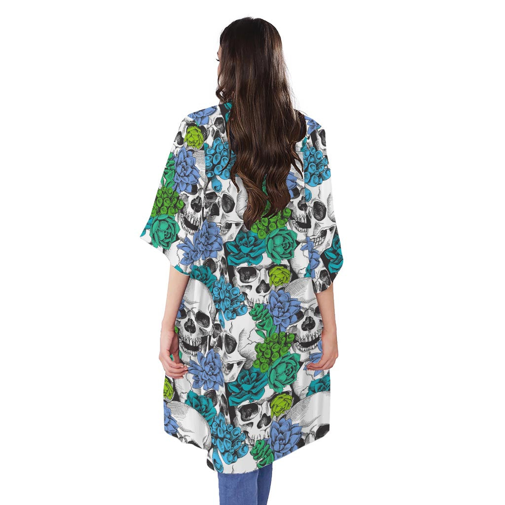 Green Blue Flowers Skull Pattern Print Open Front Beach Cover Up