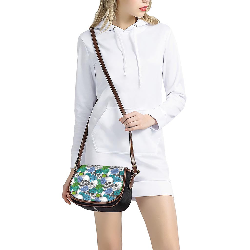Green Blue Flowers Skull Pattern Print Saddle Bag