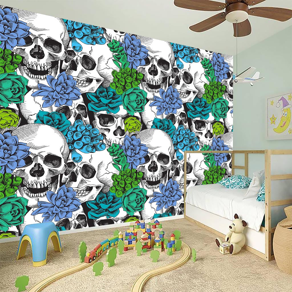 Green Blue Flowers Skull Pattern Print Wall Sticker