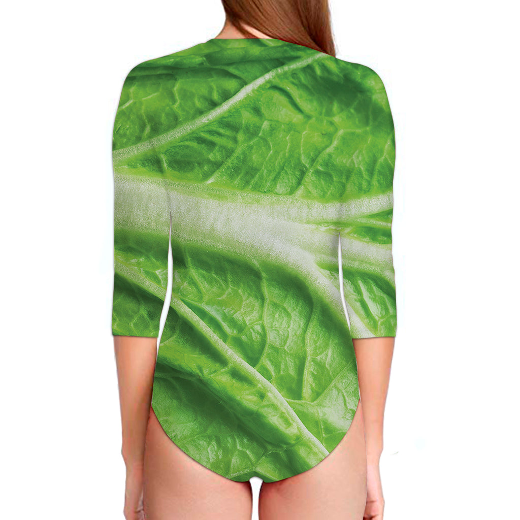 Green Cabbage Leaf Print Long Sleeve Swimsuit
