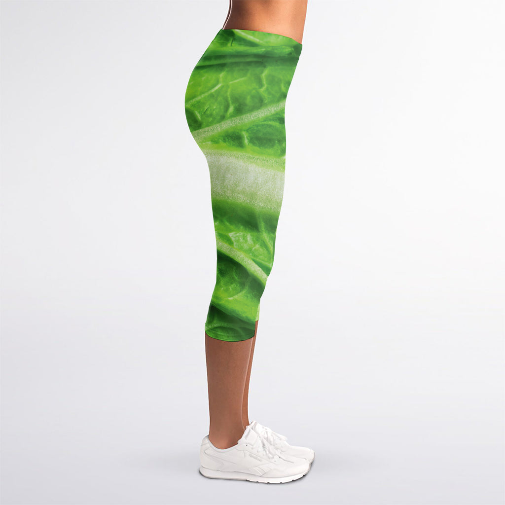 Green Cabbage Leaf Print Women's Capri Leggings