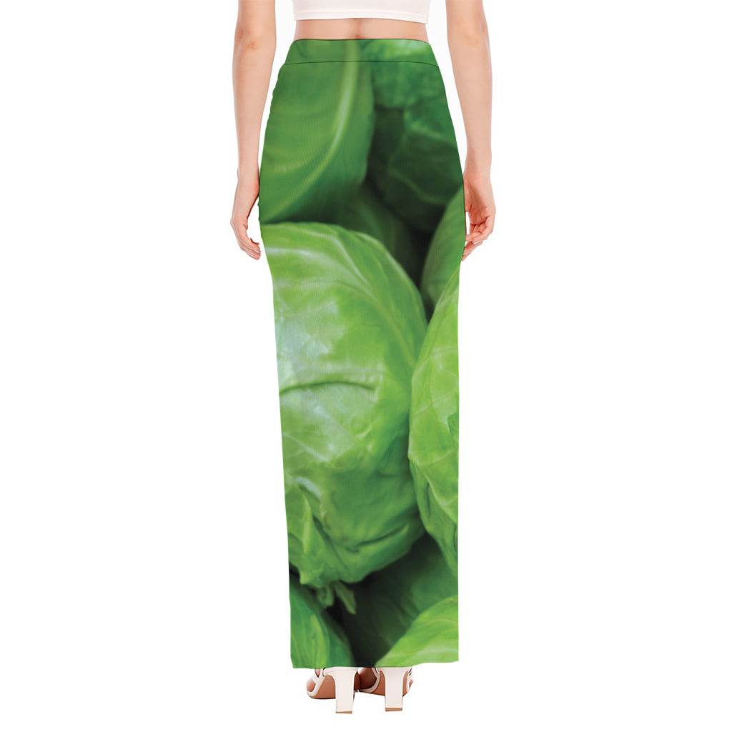 Green Cabbage Print High Slit Maxi Skirt