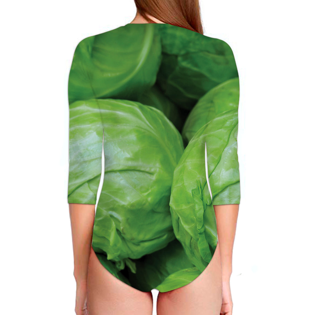 Green Cabbage Print Long Sleeve Swimsuit