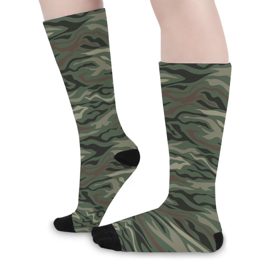 Green Camo Zebra Pattern Print Long Socks