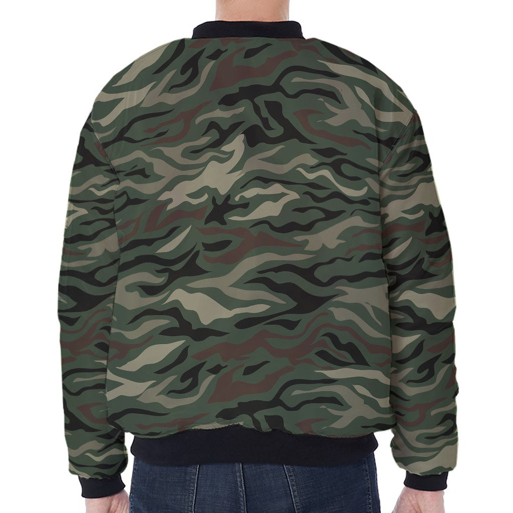 Green Camo Zebra Pattern Print Zip Sleeve Bomber Jacket