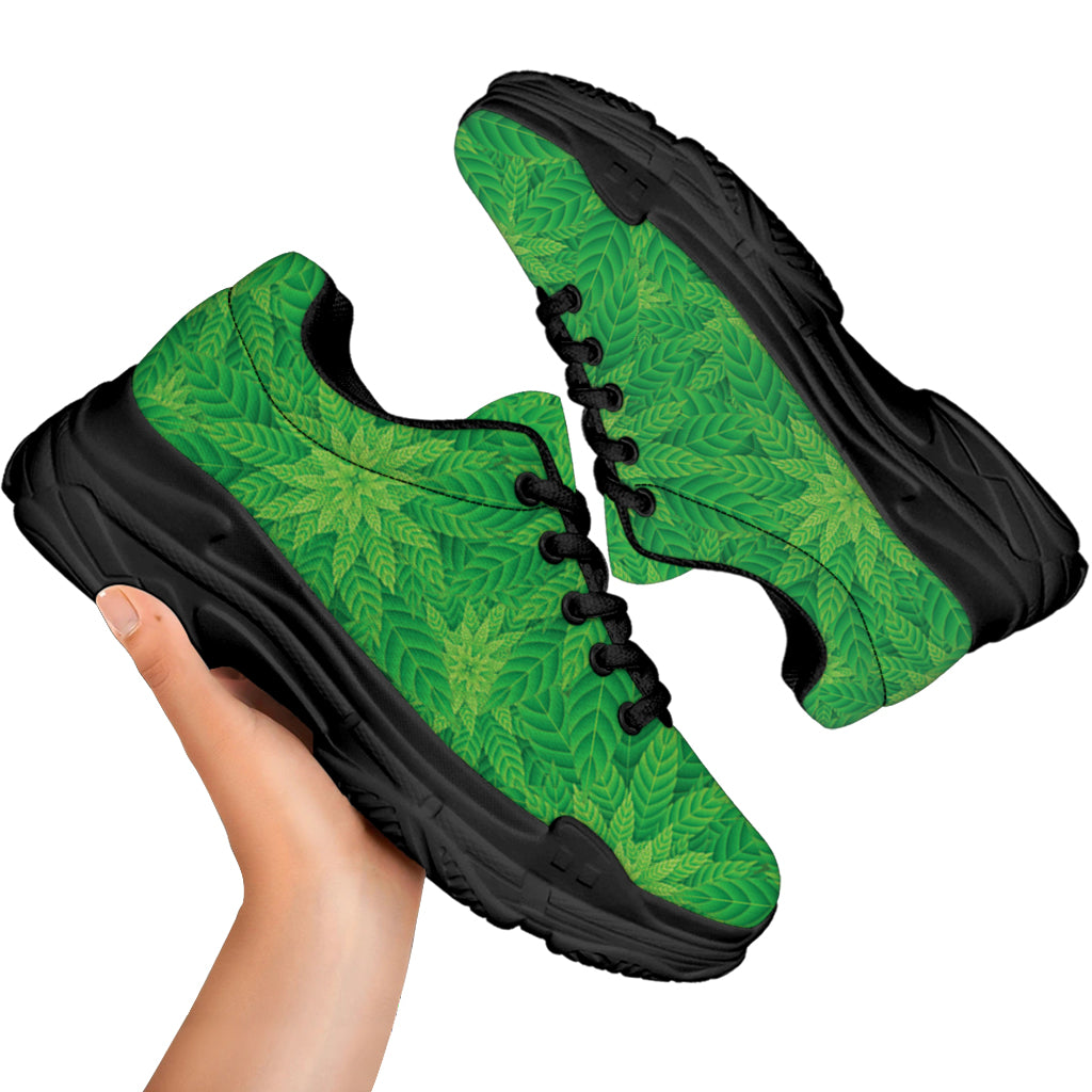 Green Cannabis Leaf Pattern Print Black Chunky Shoes