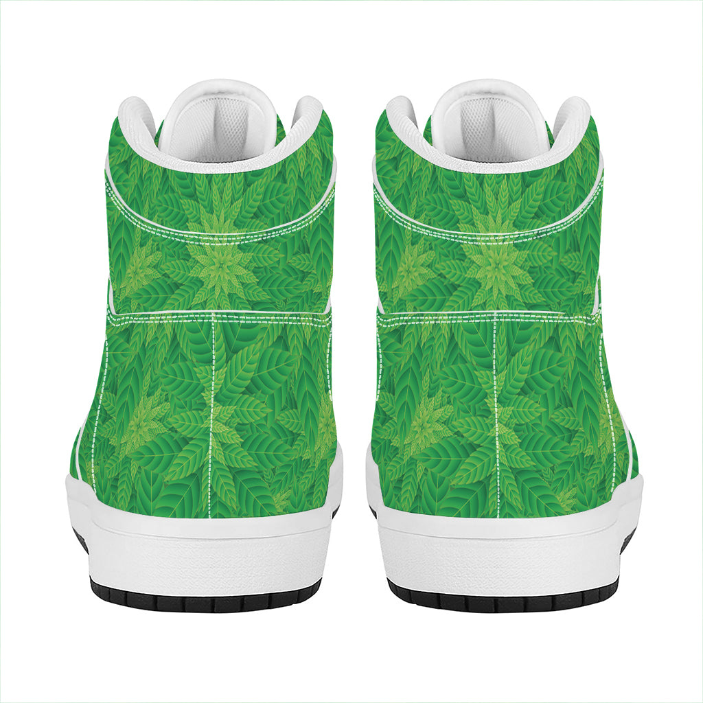 Green Cannabis Leaf Pattern Print High Top Leather Sneakers