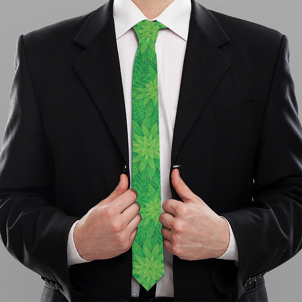 Green Cannabis Leaf Pattern Print Necktie