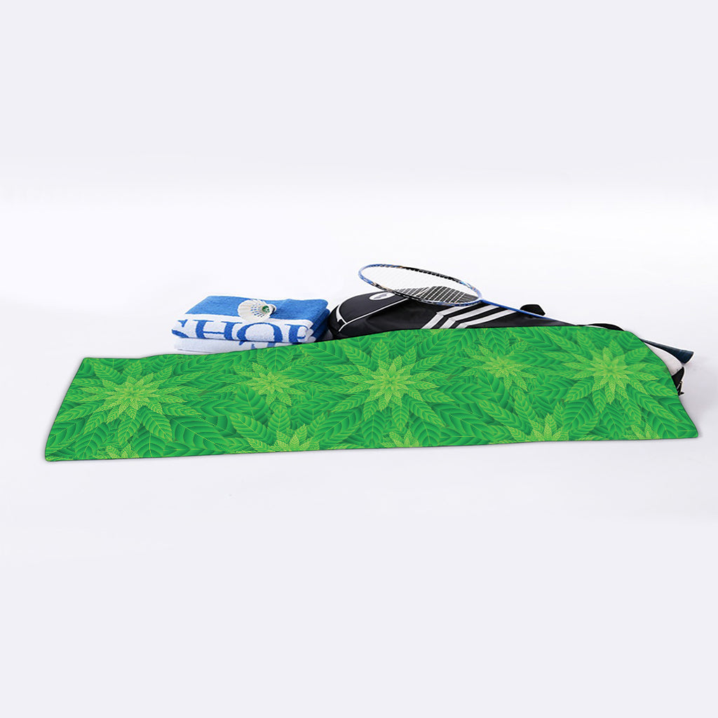Green Cannabis Leaf Pattern Print Sports Towel