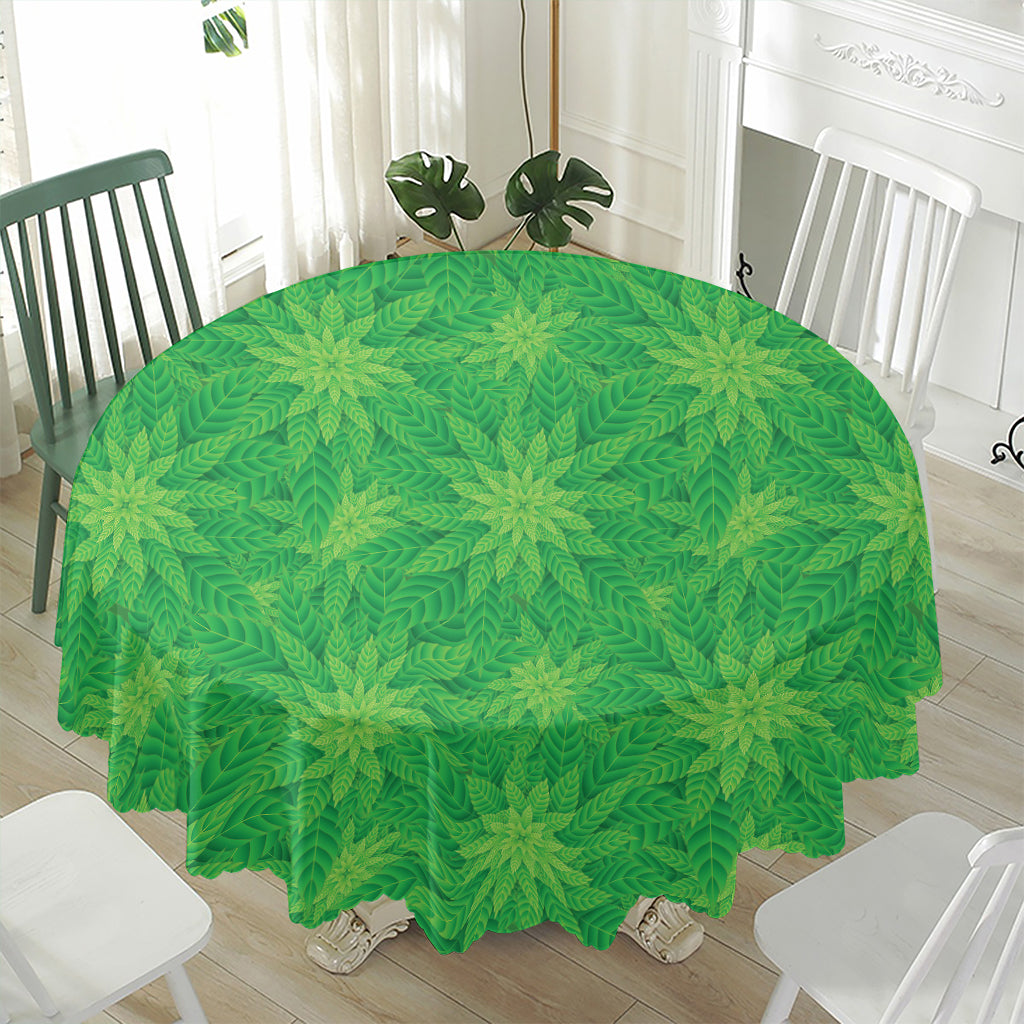 Green Cannabis Leaf Pattern Print Waterproof Round Tablecloth