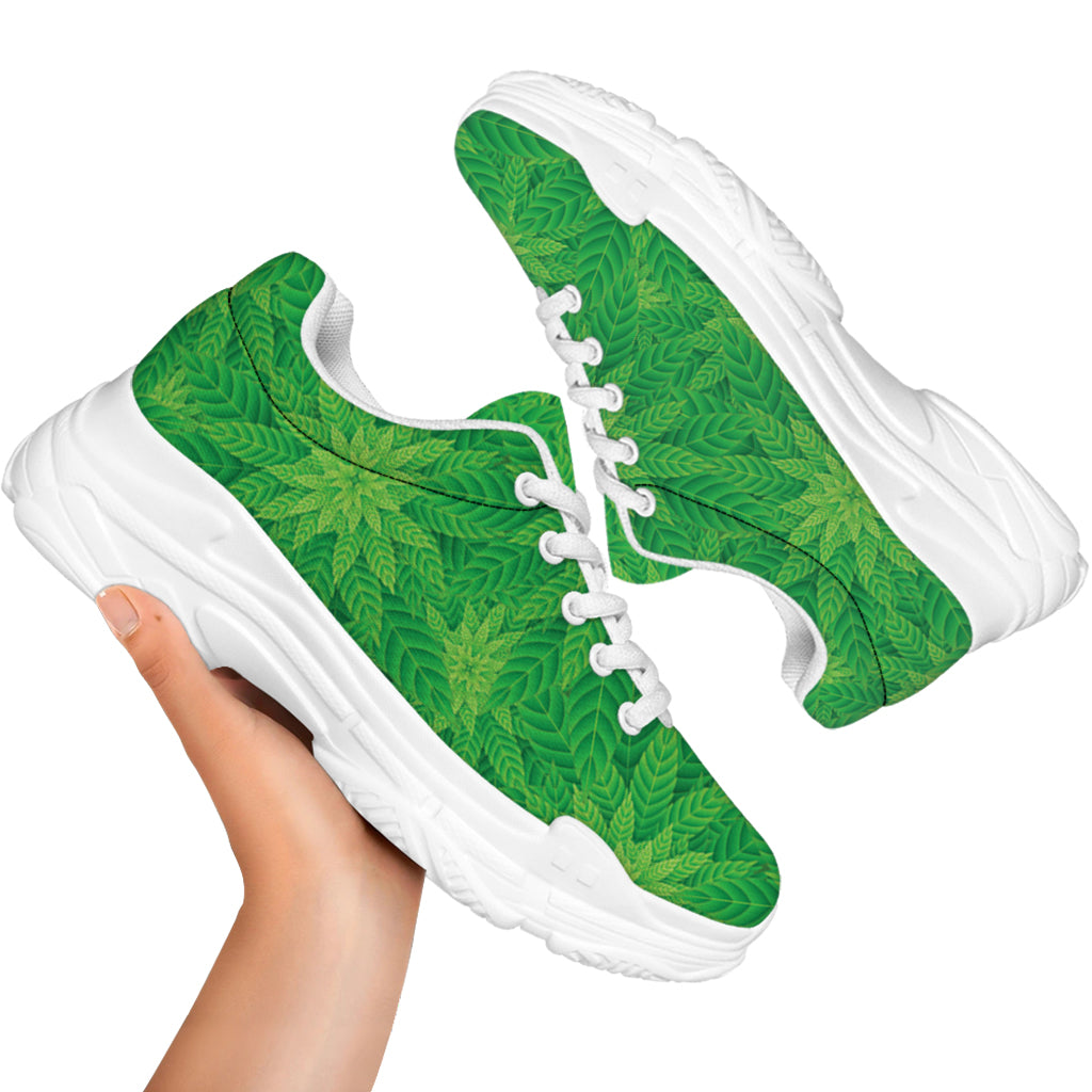 Green Cannabis Leaf Pattern Print White Chunky Shoes