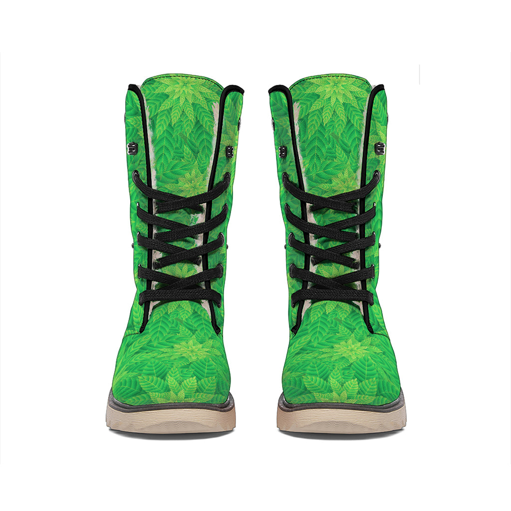 Green Cannabis Leaf Pattern Print Winter Boots