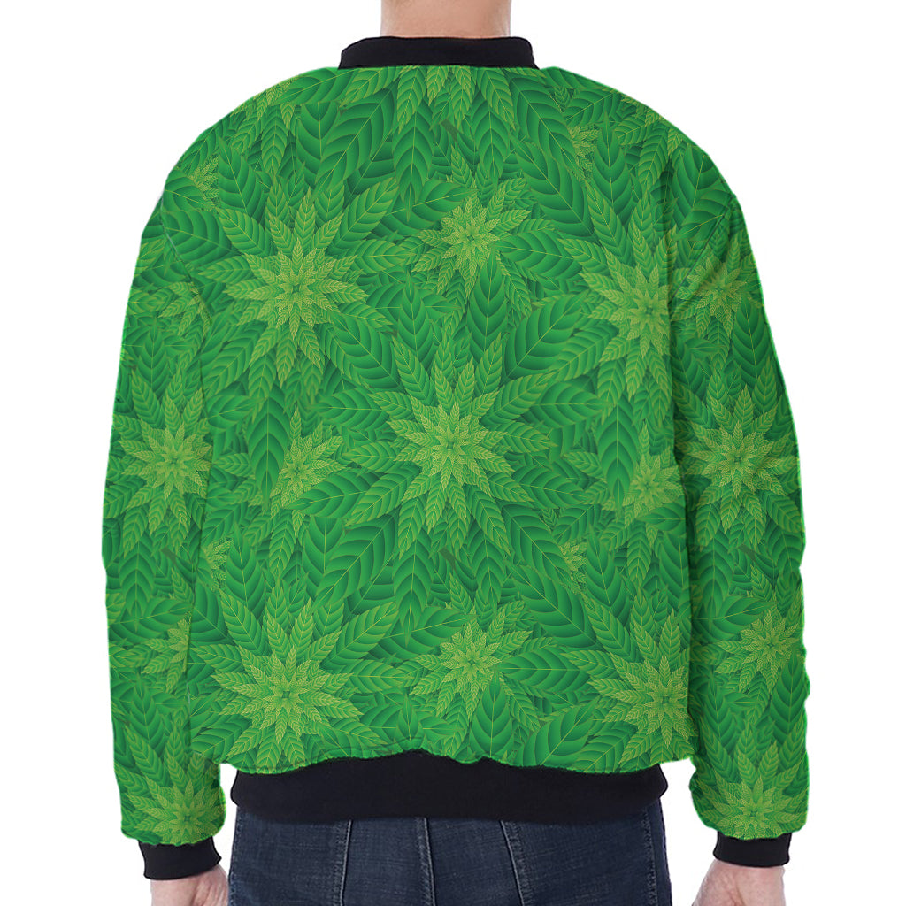 Green Cannabis Leaf Pattern Print Zip Sleeve Bomber Jacket