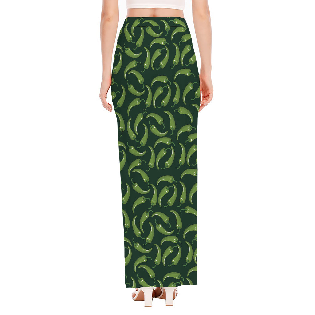 Green Chili Peppers Pattern Print High Slit Maxi Skirt
