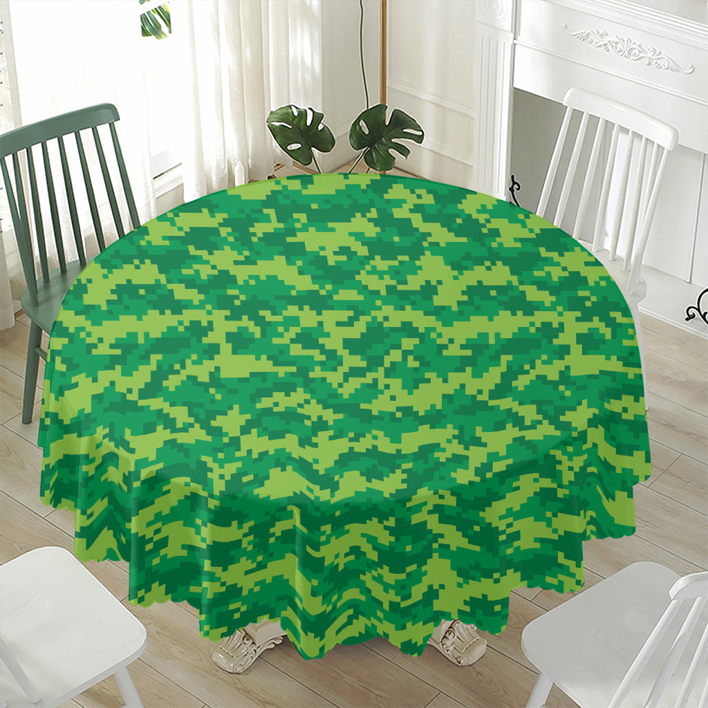 Green Digital Camo Pattern Print Waterproof Round Tablecloth