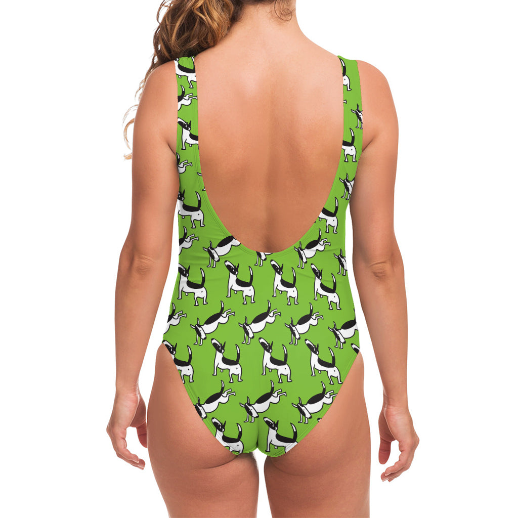 Green Doodle Bull Terrier Pattern Print One Piece Swimsuit