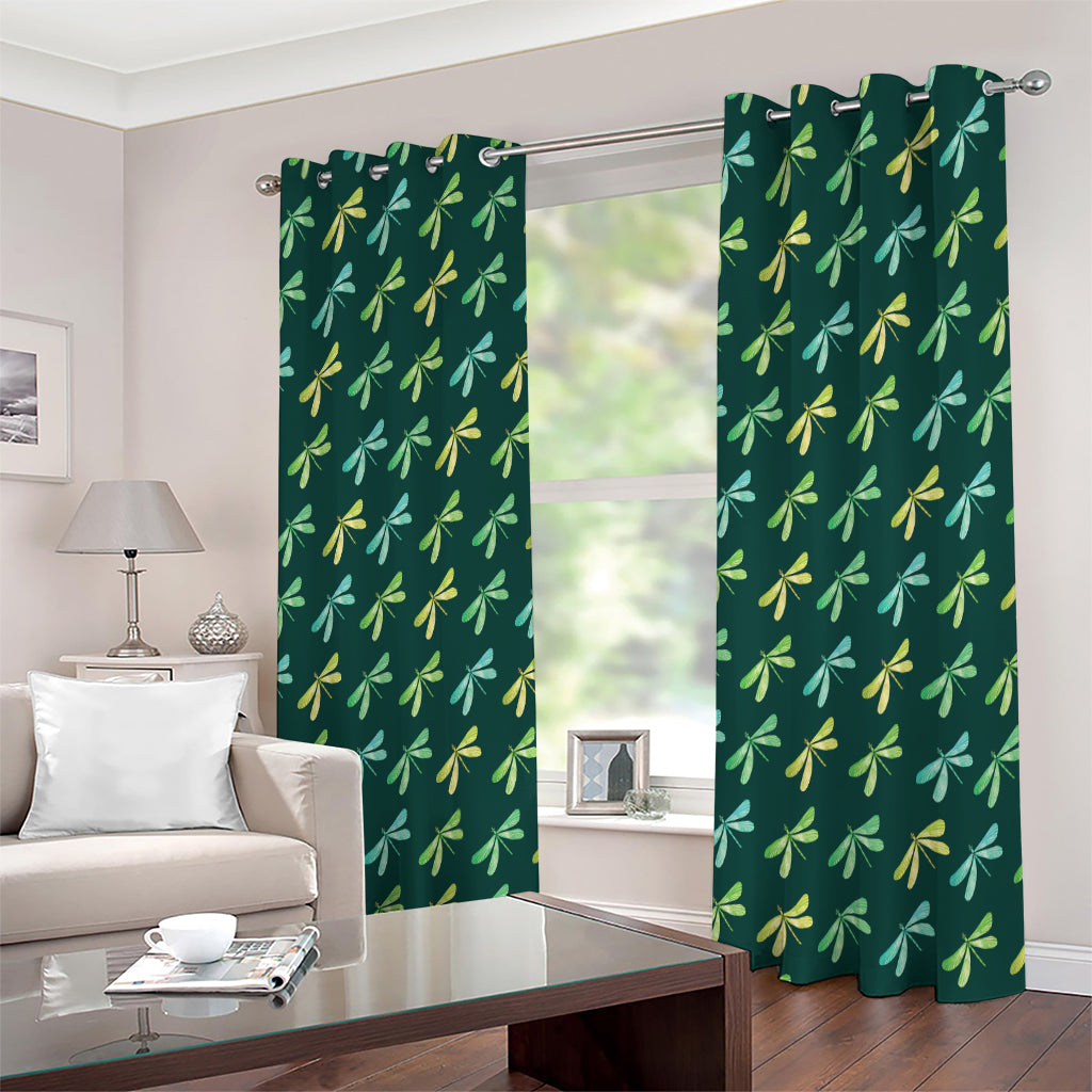 Green Dragonfly Pattern Print Extra Wide Grommet Curtains
