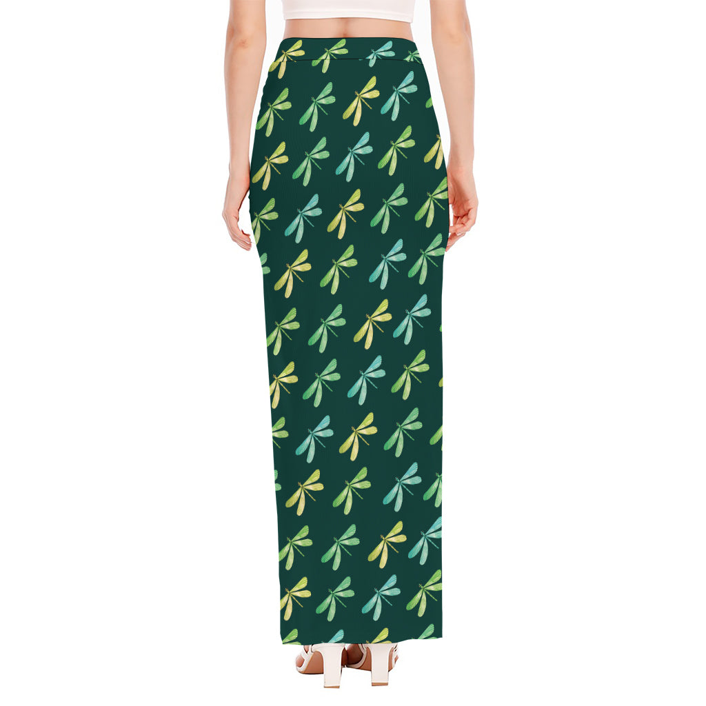 Green Dragonfly Pattern Print High Slit Maxi Skirt