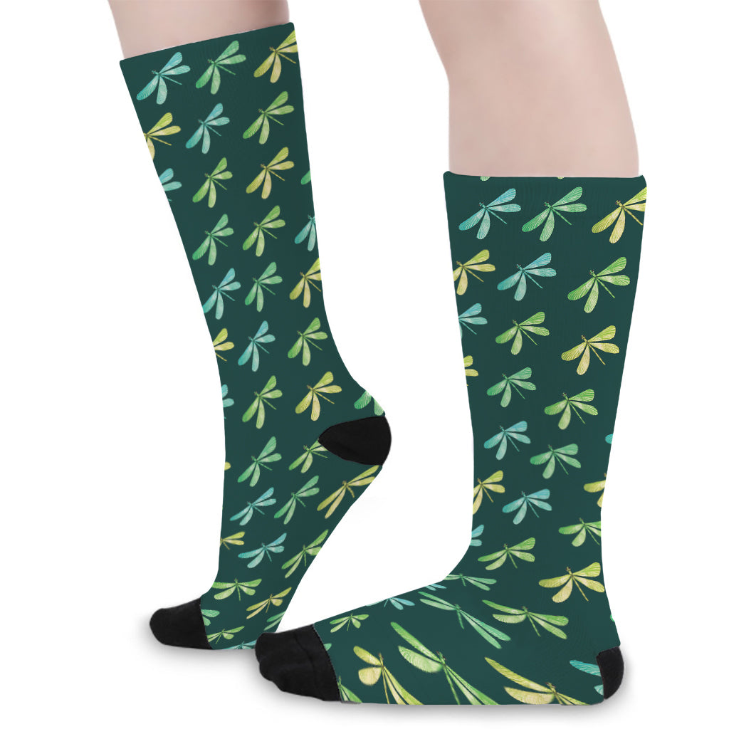 Green Dragonfly Pattern Print Long Socks