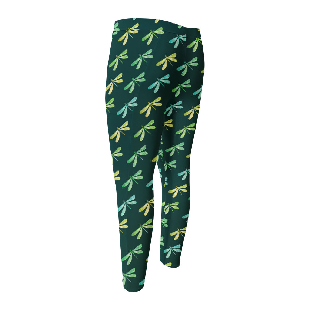 Green Dragonfly Pattern Print Men's Compression Pants