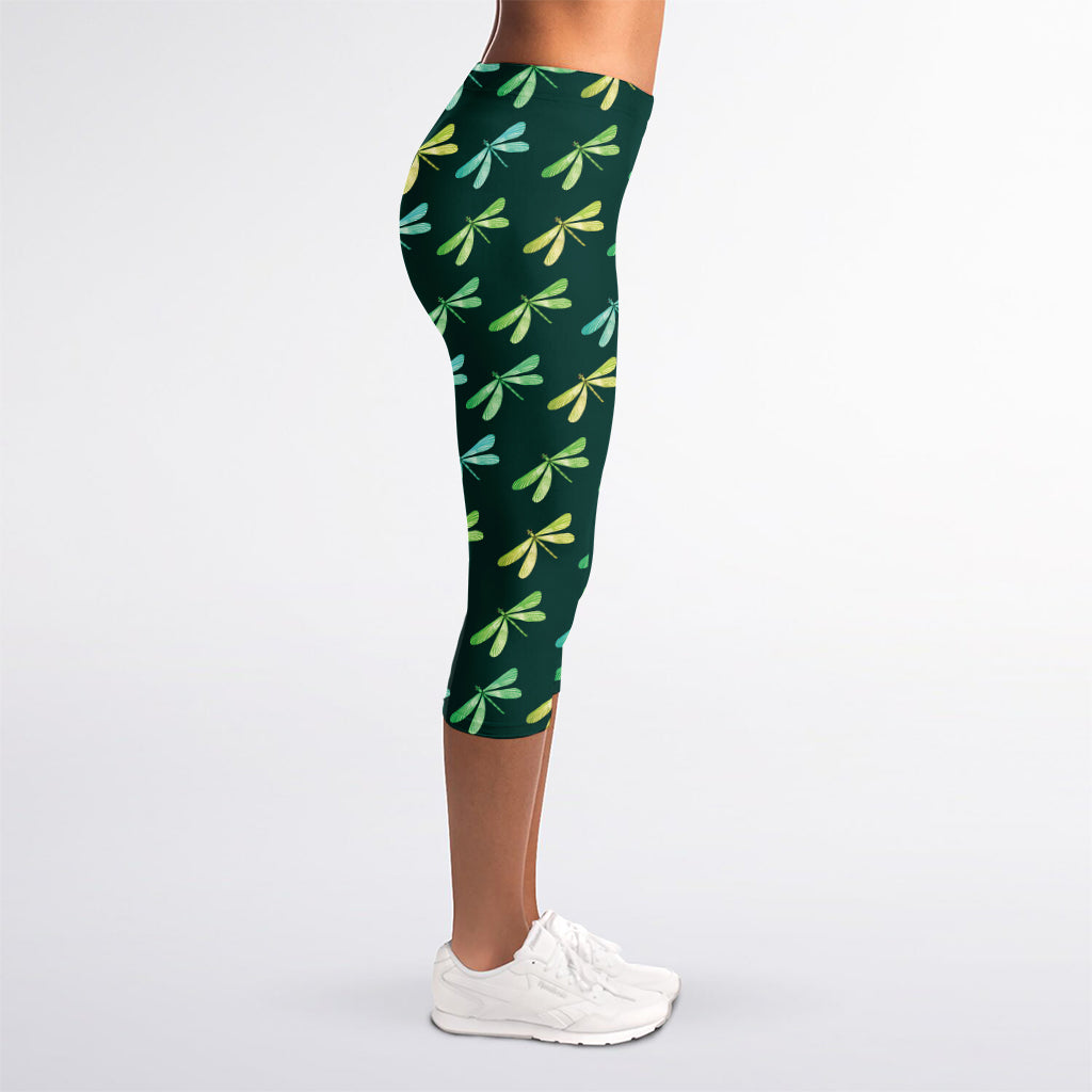 Green Dragonfly Pattern Print Women's Capri Leggings