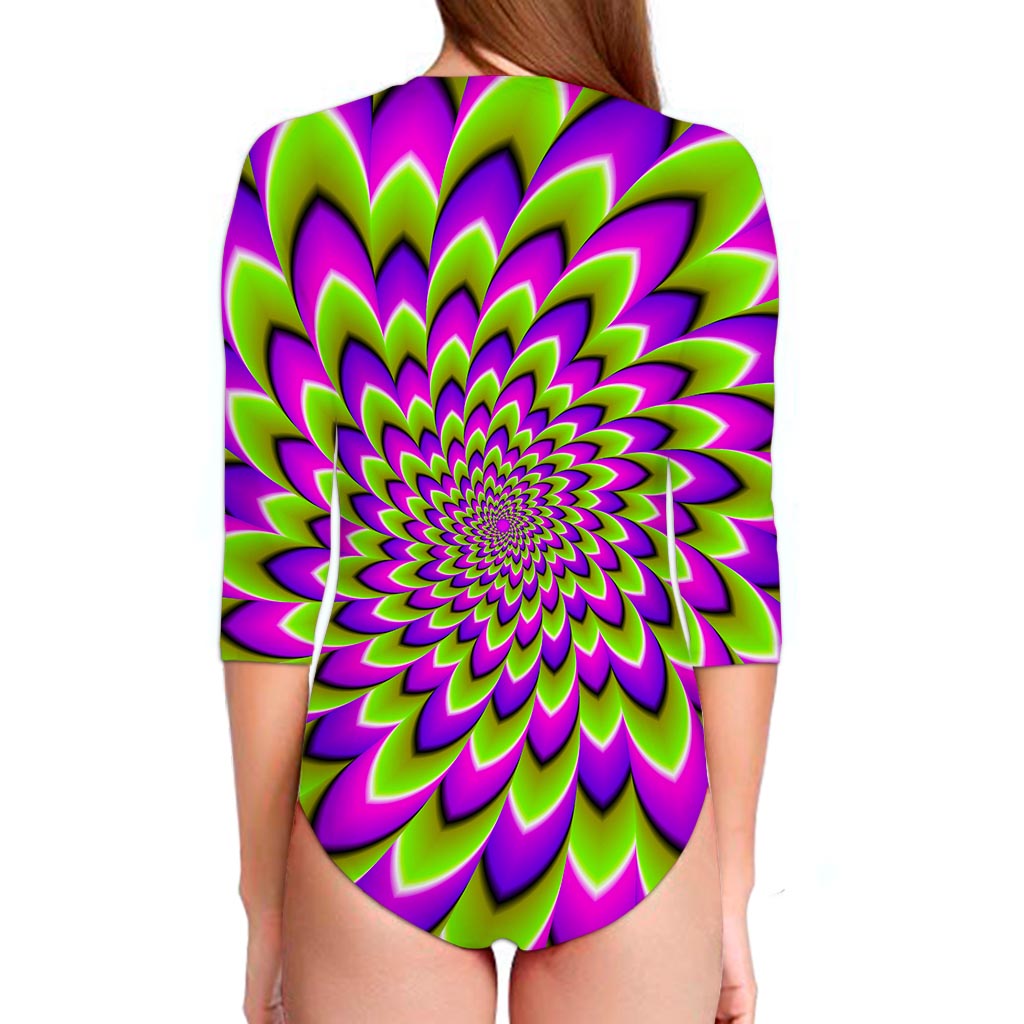 Green Expansion Moving Optical Illusion Long Sleeve Swimsuit