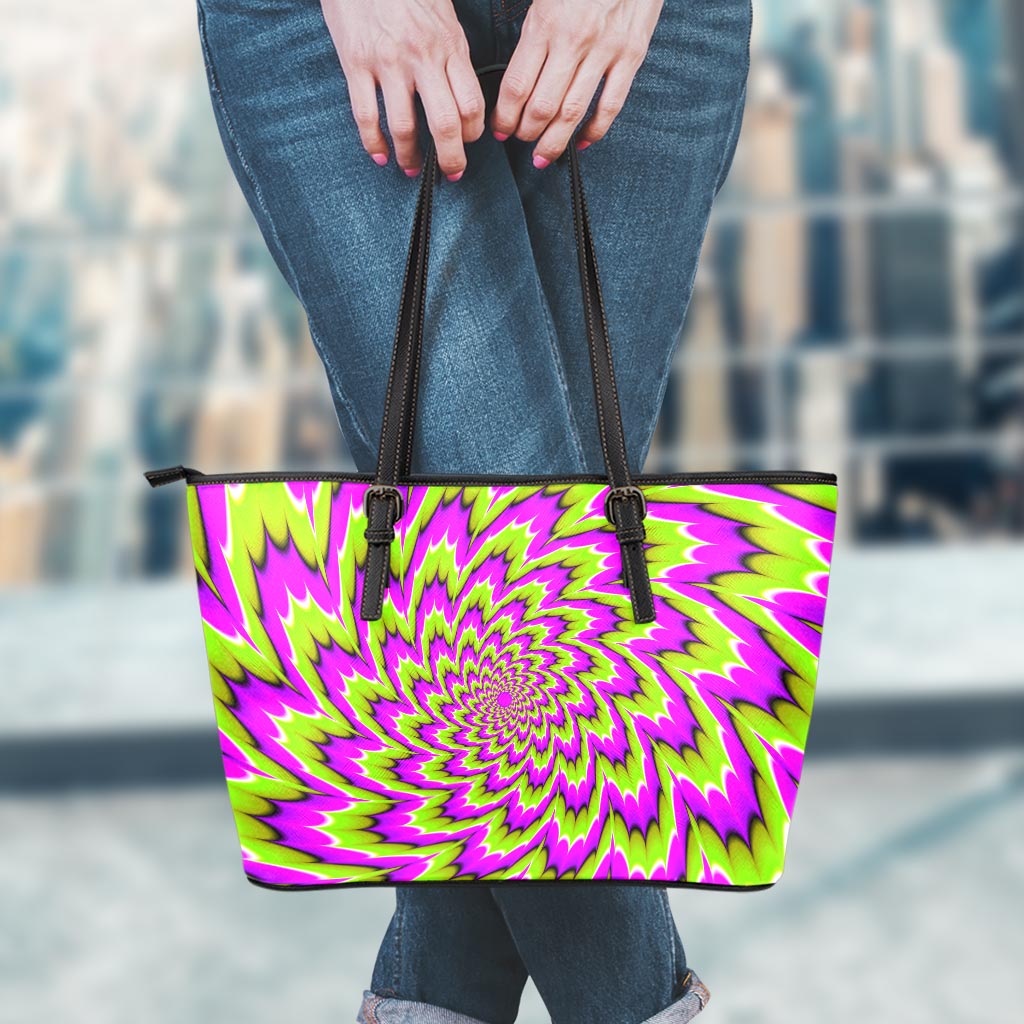 Green Explosion Moving Optical Illusion Leather Tote Bag