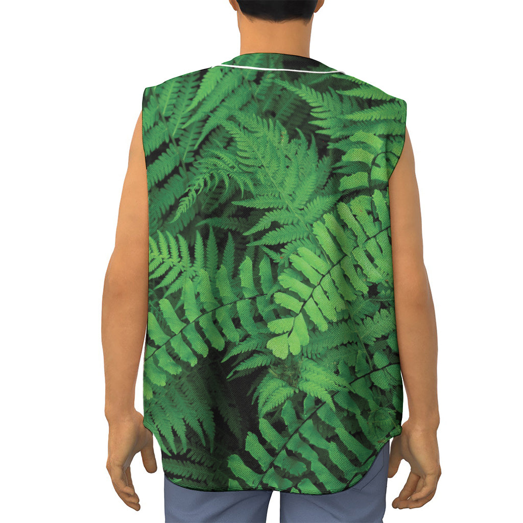 Green Fern Leaf Print Sleeveless Baseball Jersey