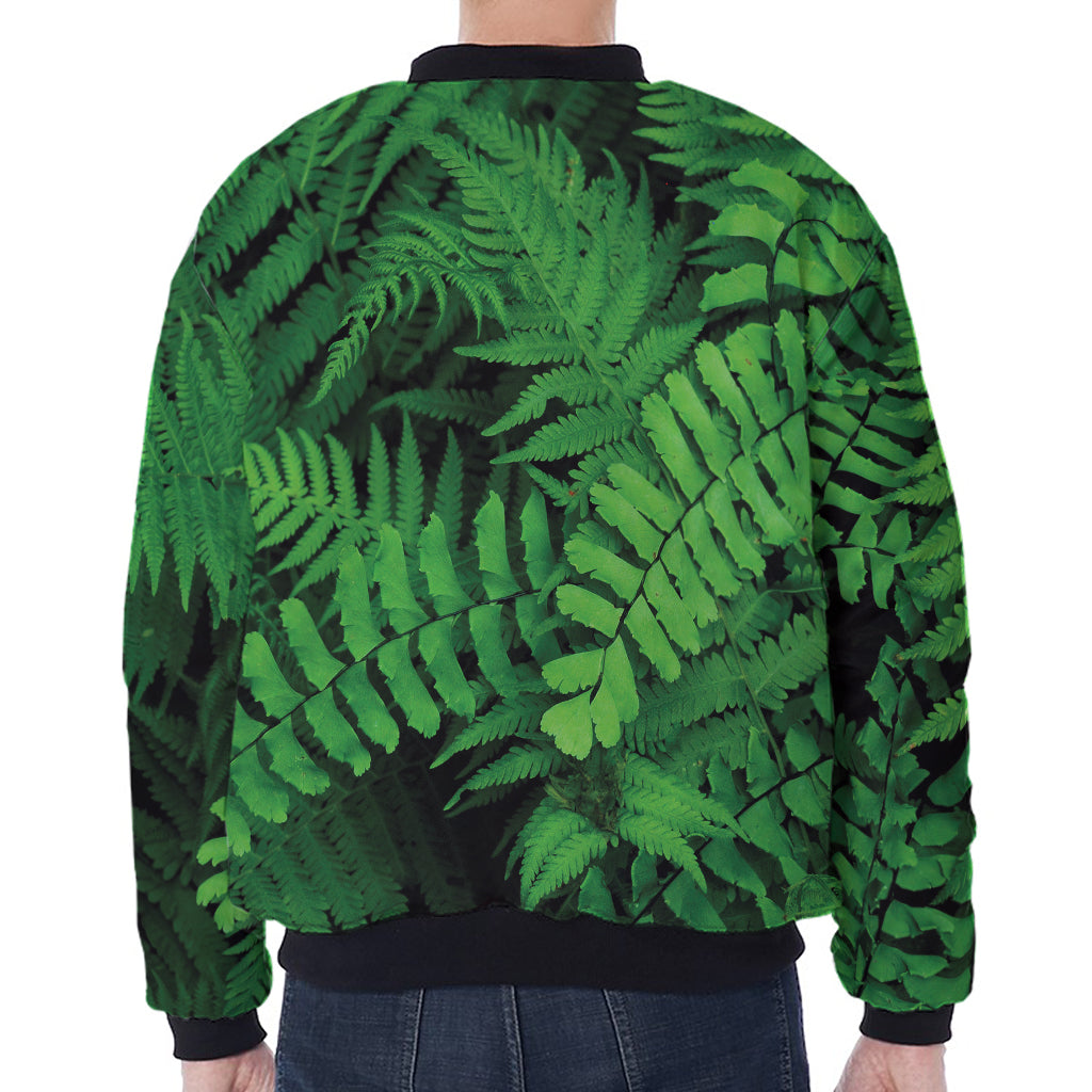 Green Fern Leaf Print Zip Sleeve Bomber Jacket