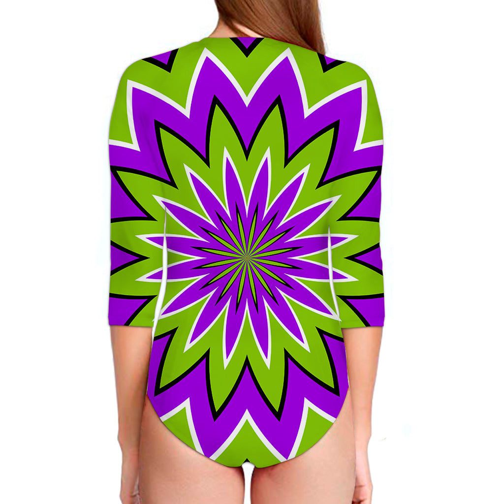 Green Flower Moving Optical Illusion Long Sleeve Swimsuit