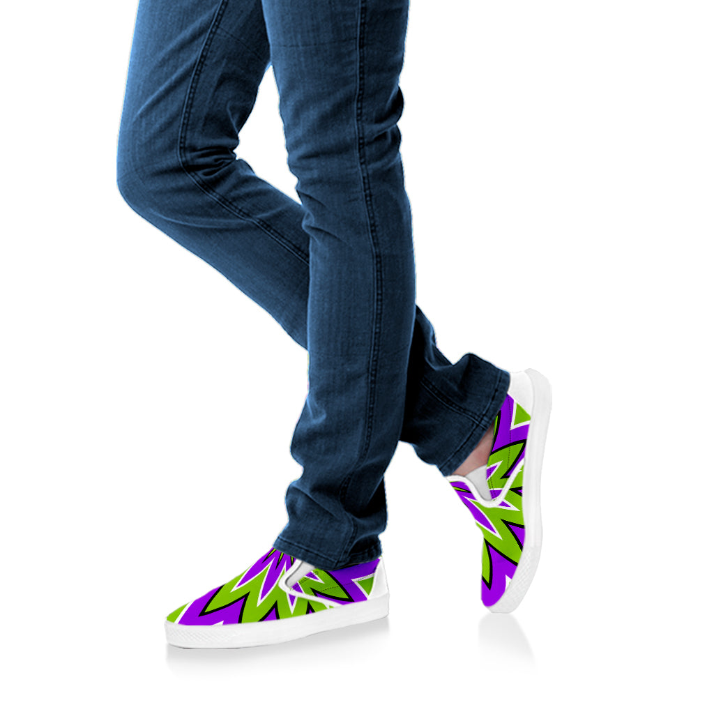 Green Flower Moving Optical Illusion White Slip On Sneakers