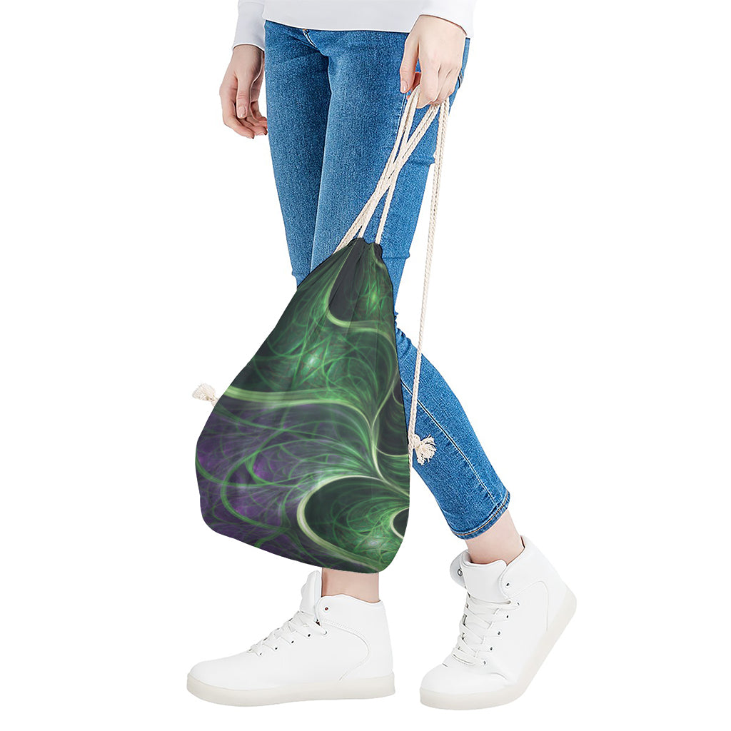 Green Fractal Print Drawstring Bag