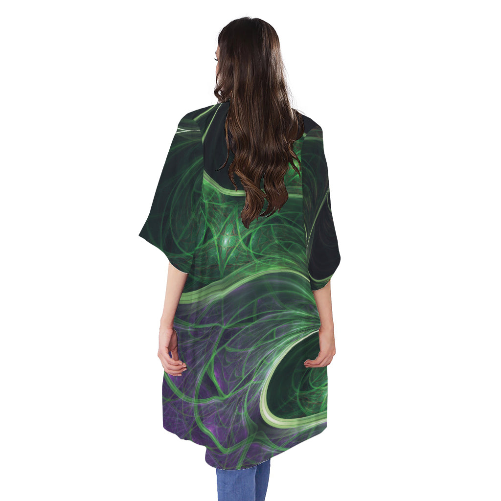 Green Fractal Print Open Front Beach Cover Up